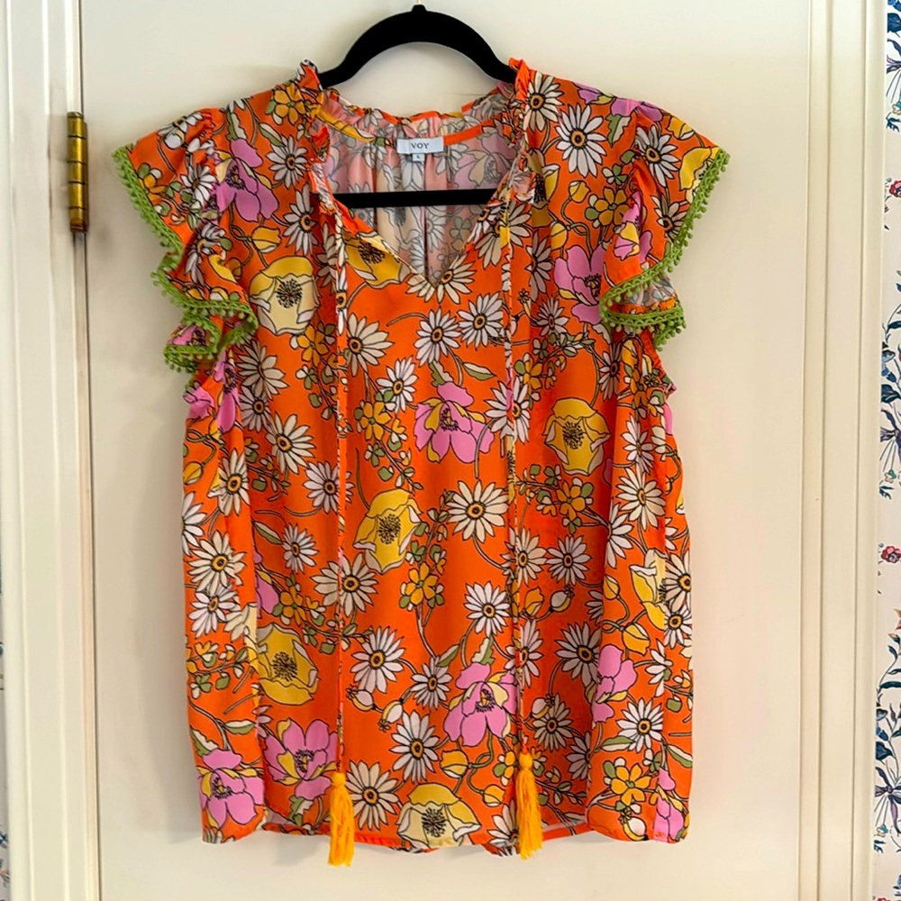 Orange floral blouse with cap sleeves